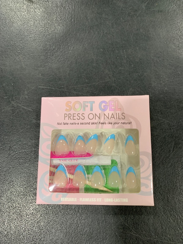 Photo 1 of KQueenest Baby Blue French Tip Press On Nails Short Almond, 30 Pcs Acrylic Press On Nails With Glue, Glossy Soft Gel Short Fake Nails Press ons, Reusable Natural Nude Glue on Nails for Women Weddings