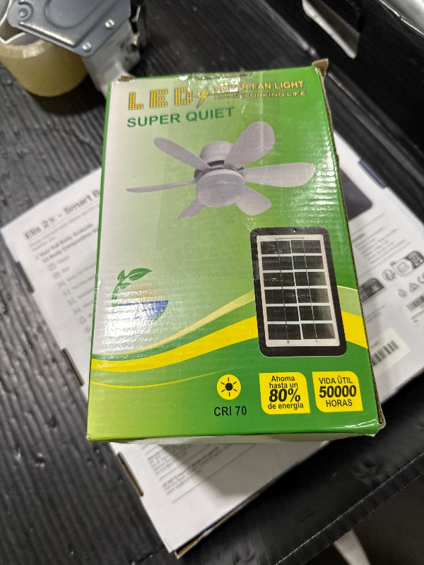 Photo 1 of WVMNQO Portable Solar Ceiling Fan with Light & Remote, Dual Type-C/Solar Charging, 3CCT, 5 Brightness, 3 Speeds, 2/4/8H Timer, Tool-Free Setup, 30dB Quiet, Memory Function, 18.5" for Camping, Outdoor