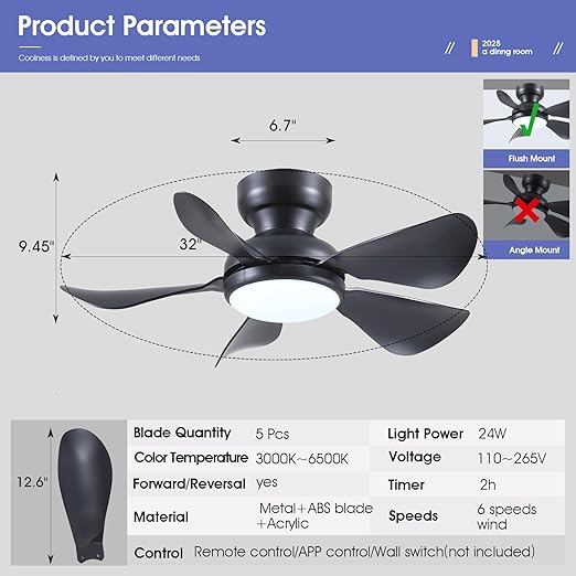 Photo 1 of 32 Inch Modern Ceiling Fans with Lights, Small Flush Mount Ceiling Fan with Light and Remote/APP Control, 5 Reversible 6 Speeds Curved Blades, 3 CCT Dimmable Lights for Bedroom, Black