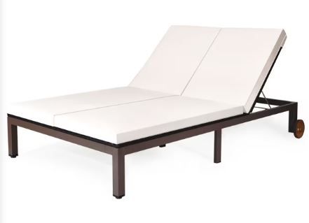 Photo 1 of [BOX 1 OF 2] Tangkula 2-Person Patio Rattan Recliner Chair Chaise Lounge Daybed with Wheels & Cushion
