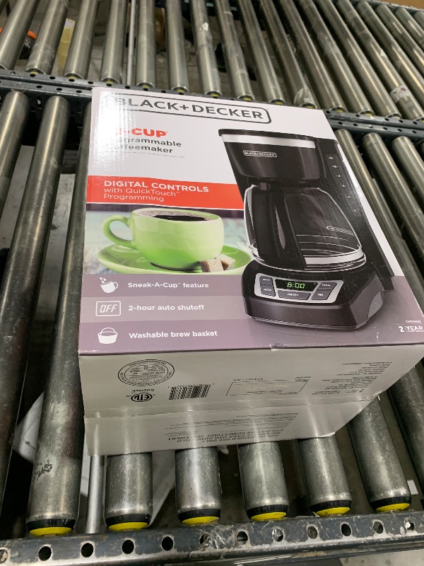 Photo 1 of BLACK+DECKER 12-Cup Digital Coffee Maker, Programmable, Washable Basket Filter, Sneak-A-Cup, Auto Brew, Water Window, Keep Hot Plate, Black