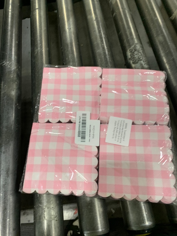 Photo 1 of 100 Pcs Pink Gingham Napkins, 5 x 5 Inches Scalloped Napkins, Disposable Cocktail Napkins For Wedding Birthday Party Baby Shower Picnic