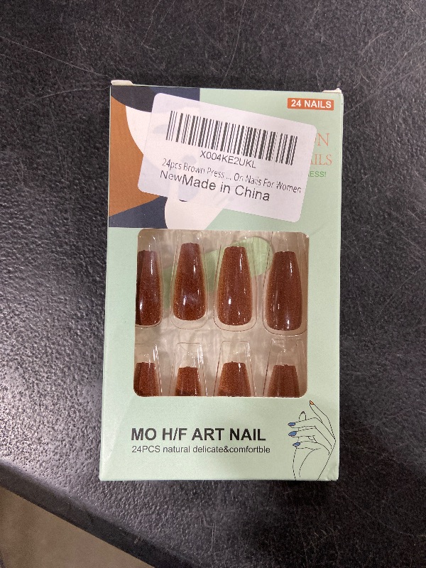 Photo 1 of 24pcs Brown Press On Nails Medium Coffin Fake Nails With Relief Lace Design Spring Press Ons Glossy False Nails Full Cover Acrylic Artificial Nails Reusable Glue On Nails Stick On Nails For Women