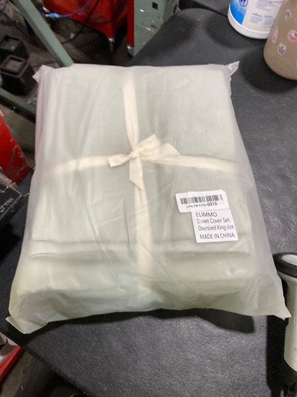 Photo 1 of ELIMMO Cooling Duvet Cover Set 3 Pieces-100% Washed Cotton with Chic Wide Trim Design Linen Like Textured Ultra Soft Cozy Bedding with Zipper Closure(Hemmed Sage Green,Oversized King 120"x98")