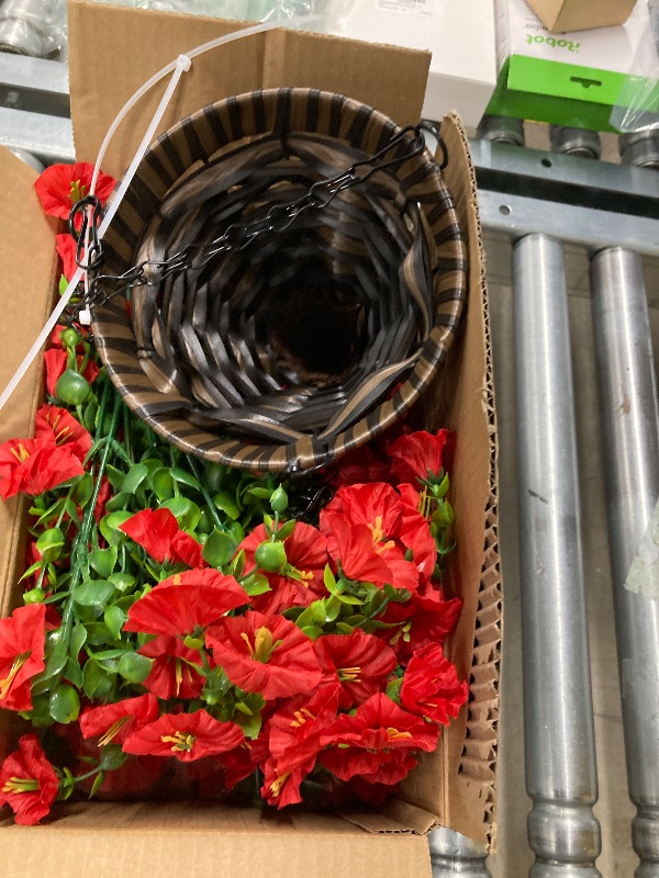 Photo 1 of ****Factory Seal****

Artificial Hanging Flowers with Basket Outdoors Fake Flowers Plants,3 PCS Faux Red Silk Morning Glory Flower with Eucalyptus Leaves Realistic Greenery Vines for Wall Home Porch Patio Balcony Yard