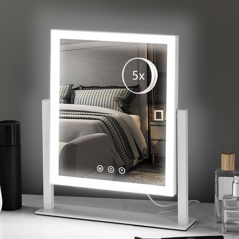 Photo 1 of **MISSING POWER ADAPTER***Lighted Makeup Mirror, Hollywood Vanity Mirror with Lights, Three Color Lighting Modes, and 5X Magnification Mirror, Smart Touch Control, 360°Rotation (14.1in,White