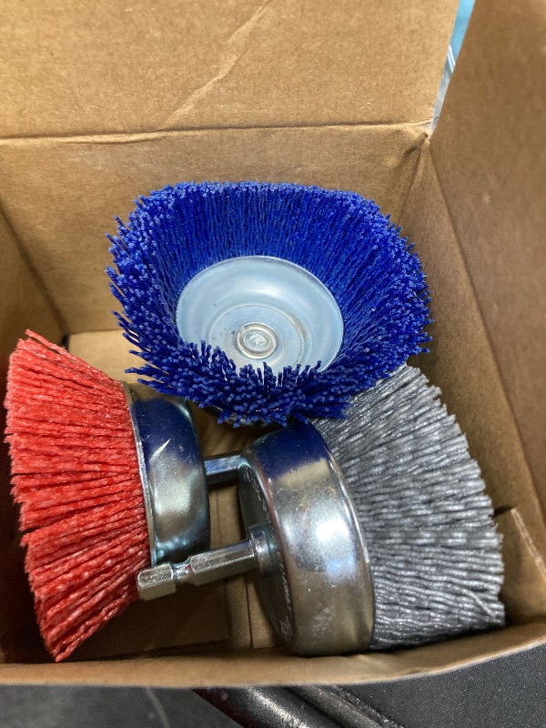 Photo 1 of ***USED*** FPPO Pcs 3 Inch Assorted Cup Brushes Abrasive Wire Nylon Cup Brush for Drill, Grit 80 120 320 with 1/4" Shank,Rotary Brushes for Machines