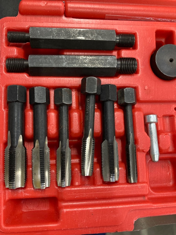 Photo 1 of ***MISSING PARTS -SELLING AS IS*** 
 Glow Plug Thread Repair Kit, Thread Repair Tool Cylinder Head Metric Thread Restorer Kit Tap Insert Driver Guide Pin Thread Insert Tool Set Rethreading Kit Tool for 8mm/10mm/12mm Glow Plugs