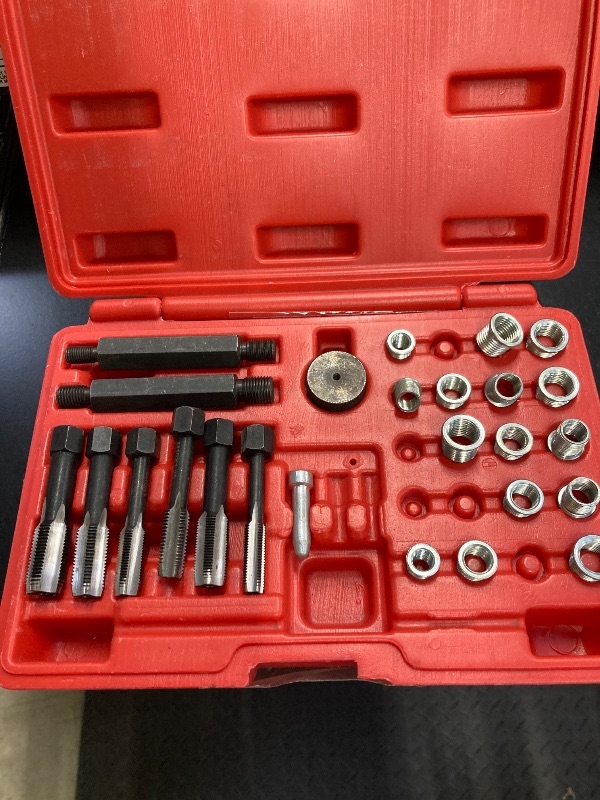 Photo 1 of ***MISSING PARTS -SELLING AS IS*** 
 Glow Plug Thread Repair Kit, Thread Repair Tool Cylinder Head Metric Thread Restorer Kit Tap Insert Driver Guide Pin Thread Insert Tool Set Rethreading Kit Tool for 8mm/10mm/12mm Glow Plugs