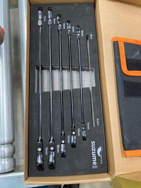 Photo 1 of ***MISSING PARTS -SELLING AS IS *** SUZUME Extra Long Flex Head Ratcheting Wrench Set 6PCS (8-19mm) Double Box End Metric EVA Foam 180° Flexible Head 15K Gear Cycles Tested Black Chrome Finish CR-V Steel for Tight Engine Bays with Pouch missing 8/9 mm wre