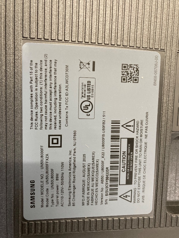 Photo 1 of **MISSING POWER CORD**Samsung 50-Inch Class Crystal UHD U8000F 4K Smart TV (2025 Model) Endless Free Content, Crystal Processor 4K, MetalStream Design, Knox Security, Alexa Built-in