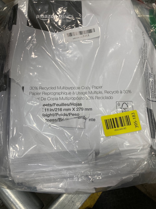Photo 1 of **OPENED DAMAGED PACKAGE**Amazon Basics 30% Recycled Multipurpose Copy Printer Paper, 8.5 x 11 Inches, 20 lb, 1 Ream, (500 Sheets), 92 Bright, White