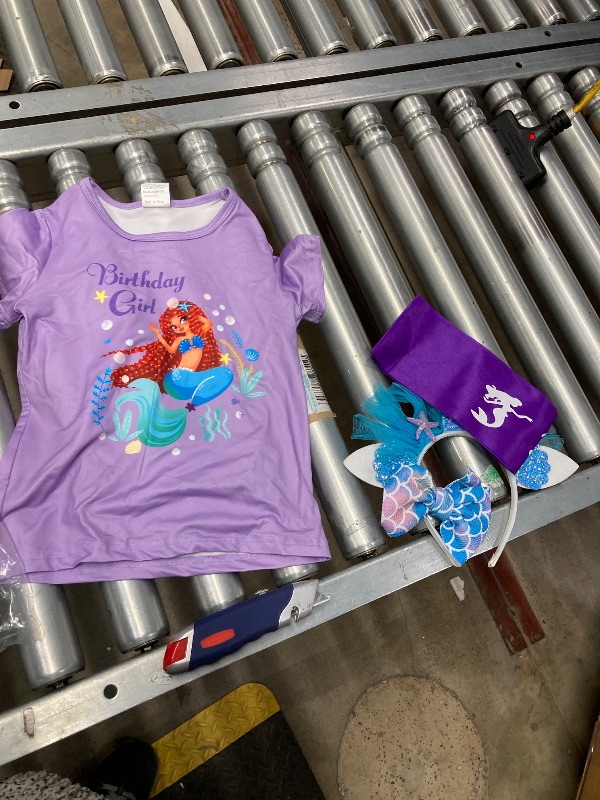 Photo 1 of **MISSING SKIRT***Doctor Unicorn Birthday Girls Mermaid Outfit Set Costume Tutu Skirt Dress, Mermaid Birthday Shirt, Headband & Satin Sash (Purple-, 4-5 Years)