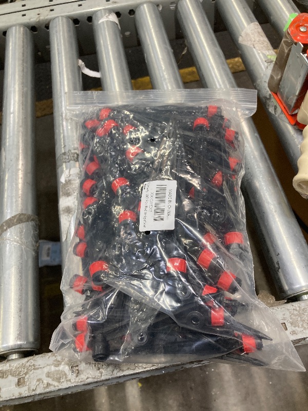 Photo 1 of 100PCS Drip Irrigation Emitters, Kalolary Adjustable 360 Degree Water Flow Drippers Emitters for 1/4" Drip Irrigation System Tubing, Garden Irrigation Drippers for House Garden Flower beds(Red)