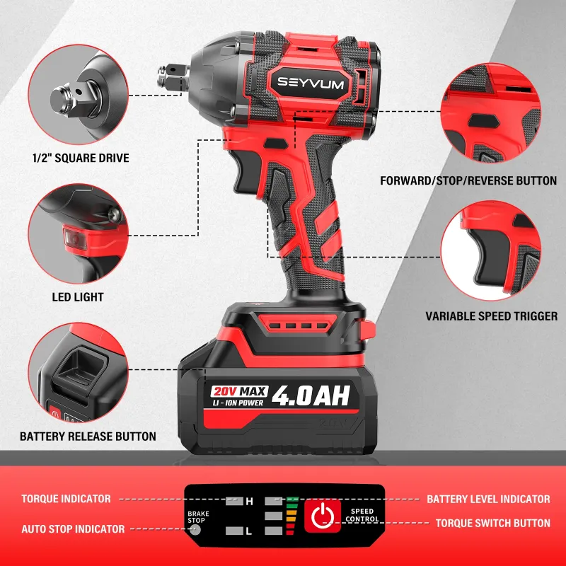 Photo 1 of
SEYVUM Cordless Impact Wrench, 20V Compact Brushless 1/2 Inch Impact Driver with 4.0Ah Lithium-Ion Battery and Fast Charger, 350 Ft-lbs(475 N.m) with 4 Pcs Sockets, Electric Impact Wrench for Car Hom