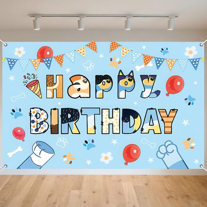 Photo 1 of 5 * 3ft Blue Dog Birthday Backdrop, Birthday Party Decoration Background, Cute Cartoon Animal Theme Photo Banner for Kid, Adult (Style B)
