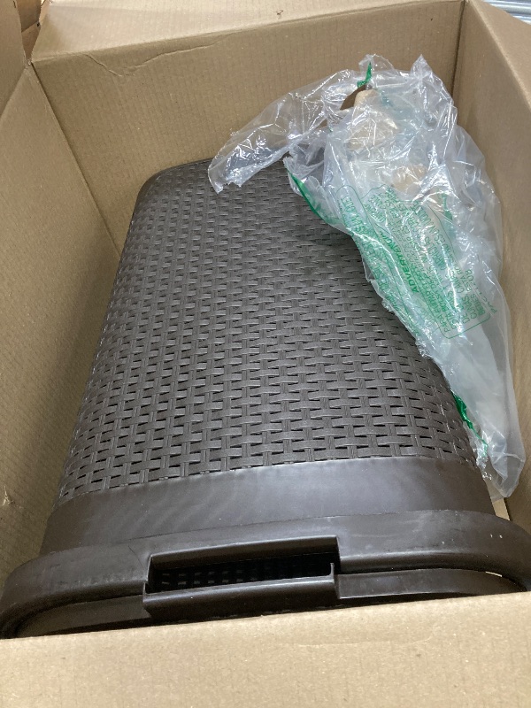 Photo 1 of **DAMAGED SIDE-SEE PICS**Mind Reader Slim Laundry Hamper with Lid, 60L Clothes Basket, Premium Wicker Design, Plastic, Brown