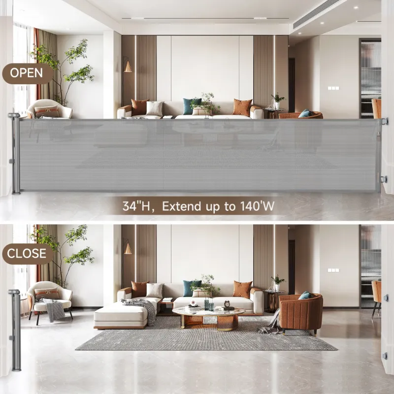 Photo 1 of 140 Inch Retractable Baby Gates, Extra Wide Baby Gates for Large Openings, Mesh Dog Gate Retractable, Safety Gates for Kids or Pets, Extra Long Baby Gates for Stairs Doorway Indoor Outdoor-Gray