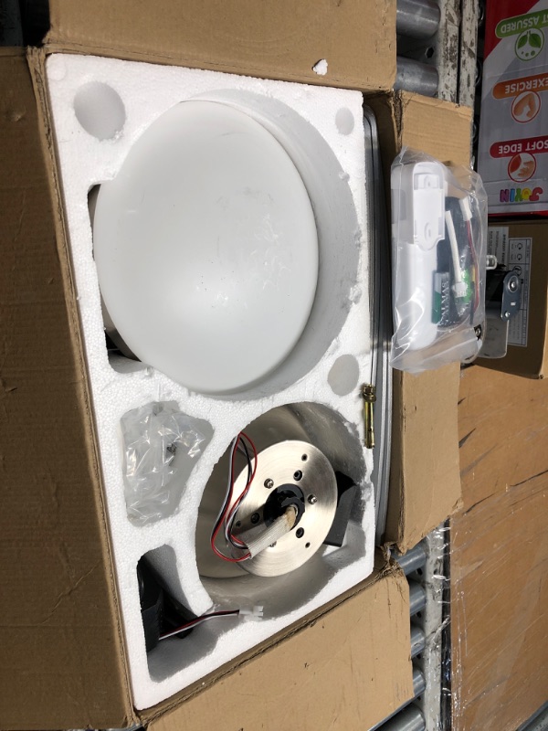 Photo 1 of ***DAMAGED - SEE NOTES/PICTURES*** JSAITEE Ceiling Fans with Lights, 42 Inch Low Profile Ceiling Fan with Light and Remote Control, Flush Mount, DC Reversible Motor, Noiseless, Nickel 6 Speeds Ceiling Fan for Bedroom