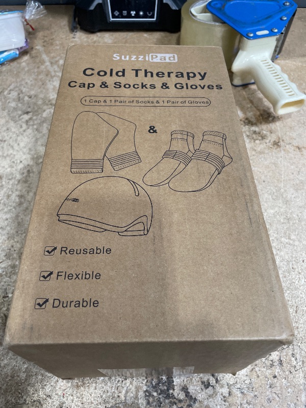 Photo 1 of ****** missing items in box******* Suzzipad Cold Therapy Socks and Hand Ice Pack, Cooling Gloves for Chemotherapy, Stress Relief Caps, Ideal for Carpal, Chemo Care Package for Women & Men, S/M