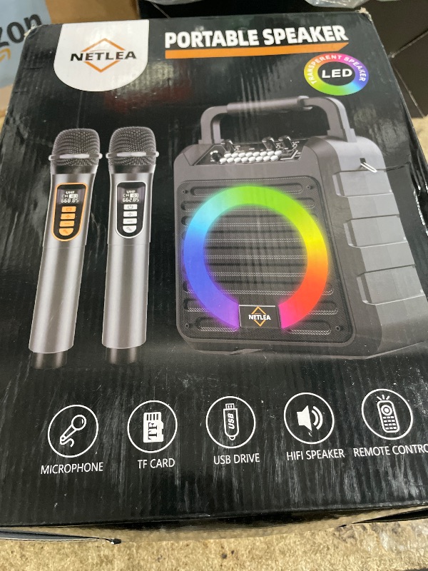 Photo 1 of (BROKEN HANDLE!) NetLea Karaoke Machine with 2 Rechargeable Wireless Microphones, Portable Karaoke for Adults Kids, Portable Bluetooth Speaker with Microphone,Karaoke Speaker Supports for USB,FM,REC,AUX in,TF Card