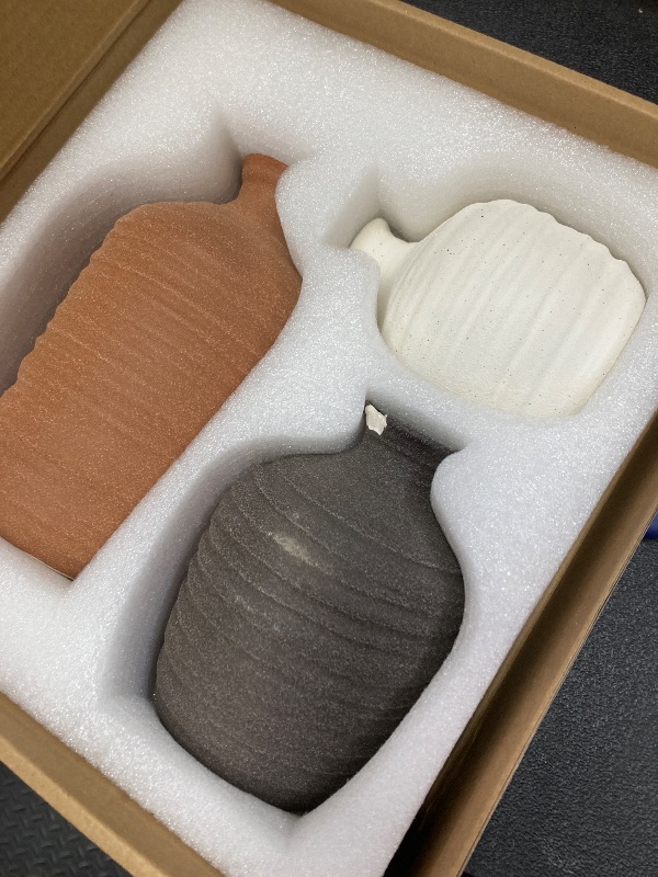 View 2 of *Chipped* Dobbyby Ceramic Vase Set of 3 Decorative Vase for Home Decor Modern Farmhouse Decor Pottery Neutral Vases for Living Room Bathroom Table Mantel Fireplace Entryway Shelf (02-Brown)