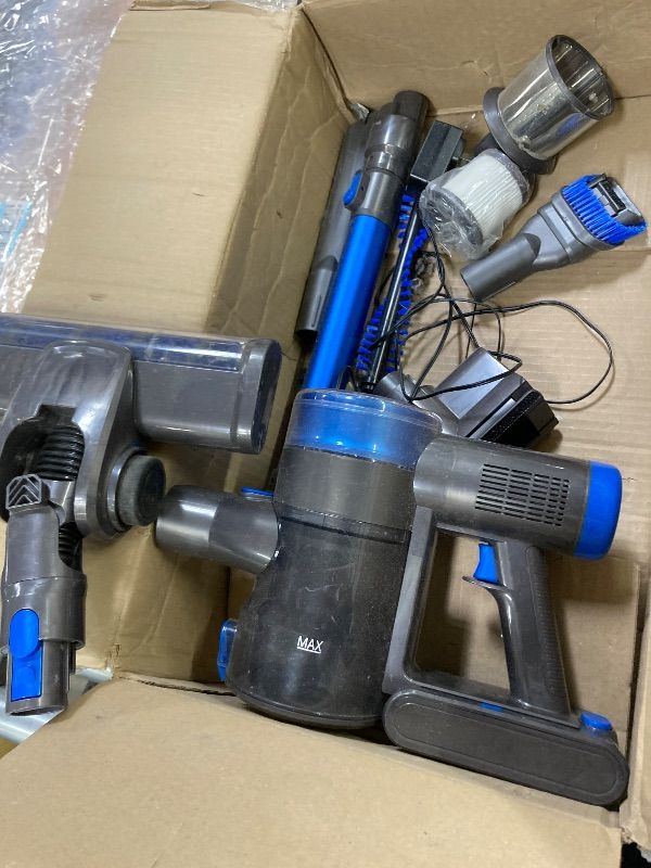 Photo 1 of ***MISSING PIECES -SELLING AS PARTS ONLY*** Cordless Vacuum Cleaner, 33Kpa/400W Stick Vacuum Cleaners with 45Min Detachable Battery, 6-in-1 Lightweight Cordless Stick Vacuum Cleaner for Home Hardwood Floor Pet Hair Carpet  ***USED, DUST/DIRT RESIDUE, SCUF