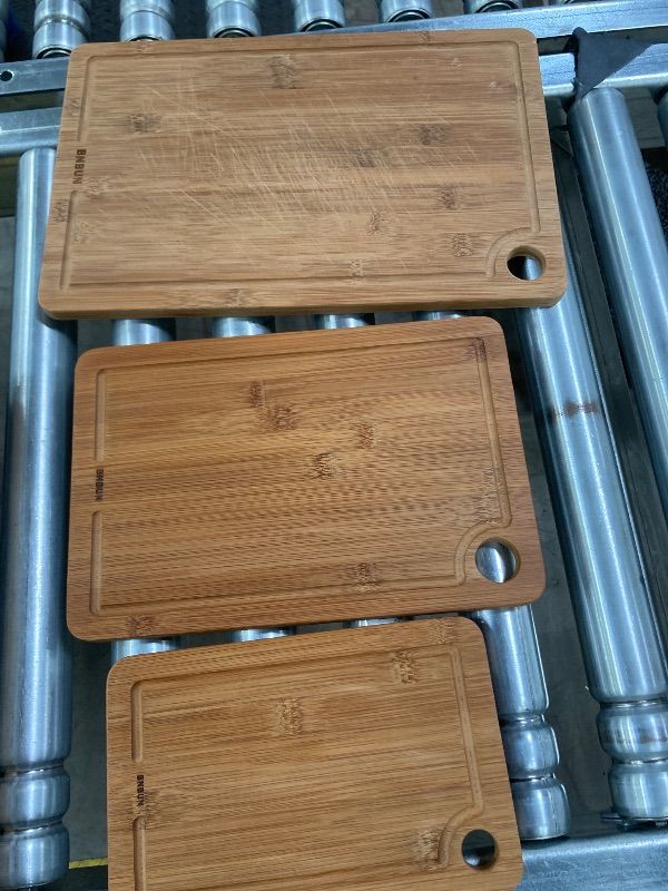 Photo 1 of ***USED, CUT MARKS -SELLING AS IS *** Bamboo Cutting Board for Kitchen – 3-Piece Wooden Boards with Juice Grooves, Side Handles, Non-Slip Mats – Perfect for Meat, Veggies Fruit,Cutting Board & Knife Sets – Ideal Kitchen Gift