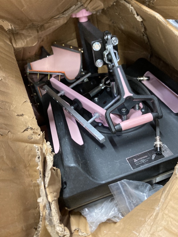Photo 1 of ***DAMAGED  -SELLING AS REPLACEMENT  PARTS ONLY*** VEVOR Pro 15x15 Heat Press with 30 OZ Tumbler Attachment, 8in1 Combo Tumbler Hat Heat Press for T-Shirts, Tumblers Glass Cans Mugs Hats Caps, and Plates (Black & Pink)