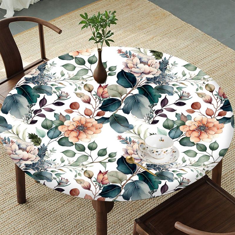 View 1 of **GATHERED EDGE***SuxiGlo Vintage Floral Round Tablecloth – Fitted Circle Table Cover with Elastic Edge, Waterproof & Washable Polyester Table Cloth for 43" to 54"***GATHERED EDGE***