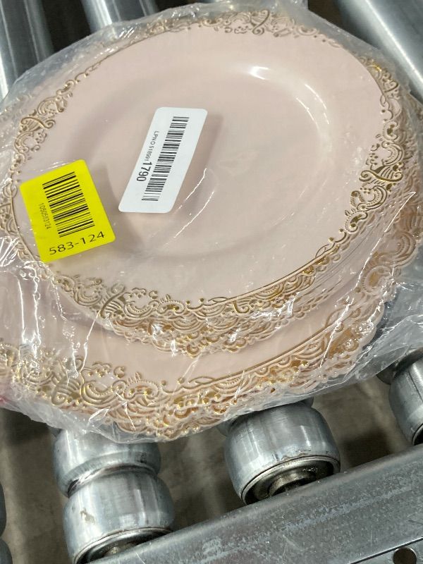 Photo 1 of ***MISSING PIECES -SELLING AS INCOMPLETE SET *** Joyido Pink and Gold Plastic Plates - Pink Disposable Plates - Vintage Plate with Gold Plastic Silverware Set for 25 Guests for Weddings Baby Shower Parties Mother's Day