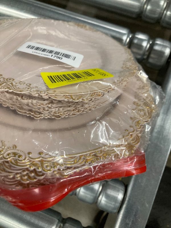 Photo 1 of ***MISSING PIECES -SELLING AS INCOMPLETE SET *** Joyido Pink and Gold Plastic Plates - Pink Disposable Plates - Vintage Plate with Gold Plastic Silverware Set for 25 Guests for Weddings Baby Shower Parties Mother's Day