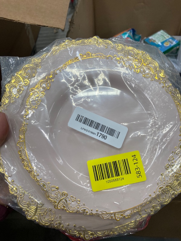 Photo 1 of ***MISSING PIECES -SELLING AS INCOMPLETE SET *** Joyido Pink and Gold Plastic Plates - Pink Disposable Plates - Vintage Plate with Gold Plastic Silverware Set for 25 Guests for Weddings Baby Shower Parties Mother's Day