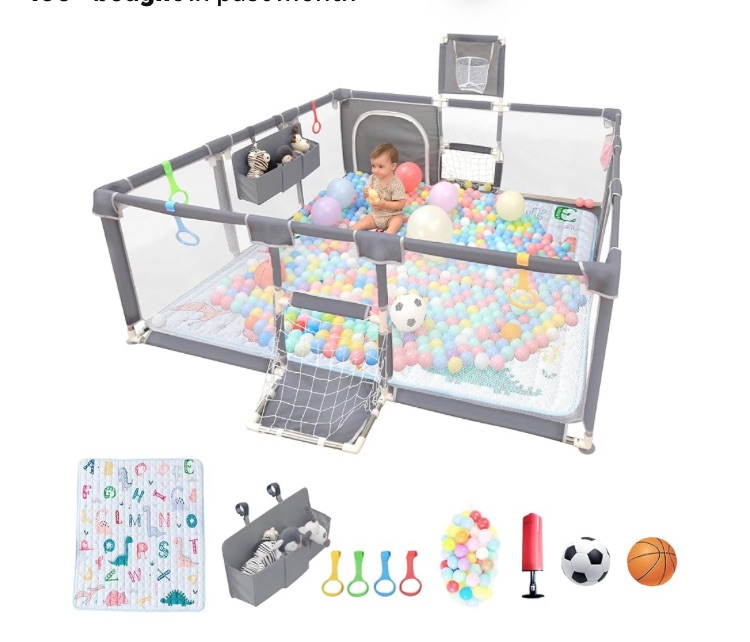 Photo 1 of ***MISSING PIECES -SELLING AS PARTS ONLY*** Playpen for Babies and Toddlers,73"x71"Baby Playpen with Mat Indoor? Outdoor with Breathable Play Pen with Ocean Balls Hanging Pocket Basketball Hoop and Football Goal (Grey)