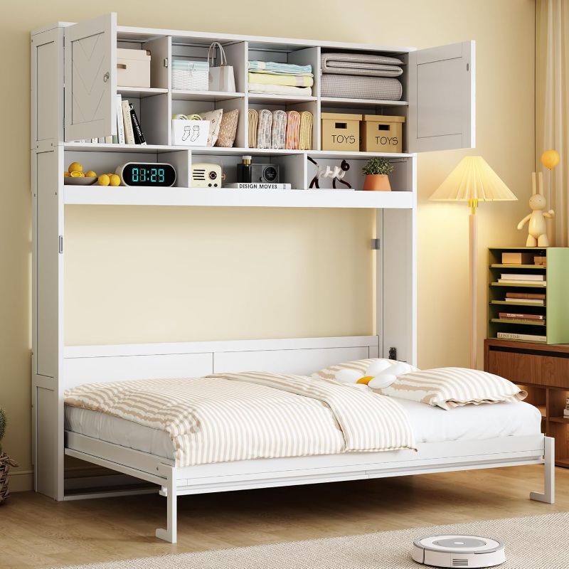 Photo 1 of **PARTIAL SET/BOX 3 OF 5 ONLY***Merax Queen Size Murphy Bed with Top Storage Cabinets and Shelves, Fold into The Wall, Space-Saving Design, White Foldable Platform Bed Frame with Chevron Stripes, for Bedroom, Guest Room, Home Office