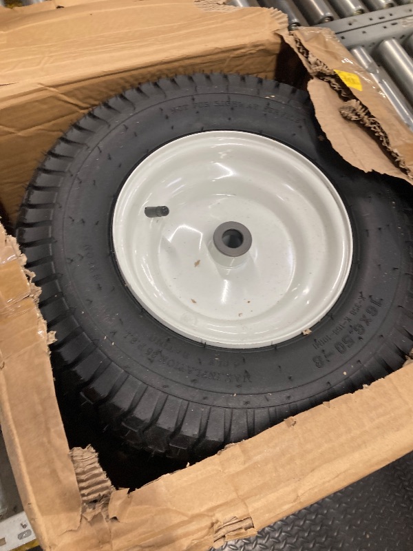 Photo 1 of (2-Pack) 16x6.50-8 Pneumatic Tires on Rim - Universal Fit Lawn Mower and Yard Tractor Wheels - With Chevron Turf Treads - 3" Centered Hub and 3/4" Bushings - 396 lbs Max Weight Capacity