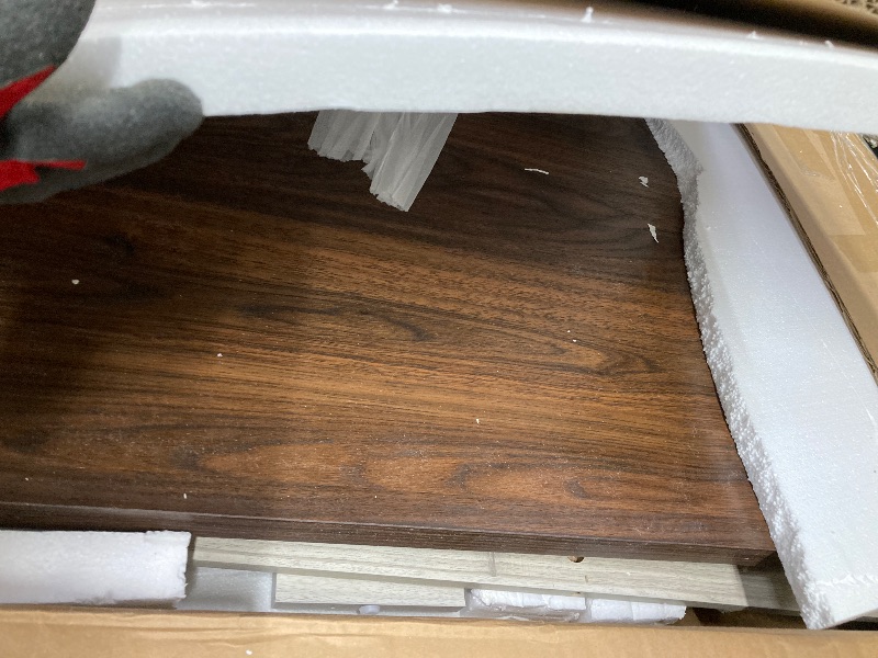 Photo 1 of **DAMAGED PARTS/PARTS ONLY***LINSY HOME Farmhouse Coffee Table with Storage, Wood Coffee Table for Living Room, Open Display Area and Storage Drawers with Metal Handles, Chic Style with Curved Base. Oak and Brown