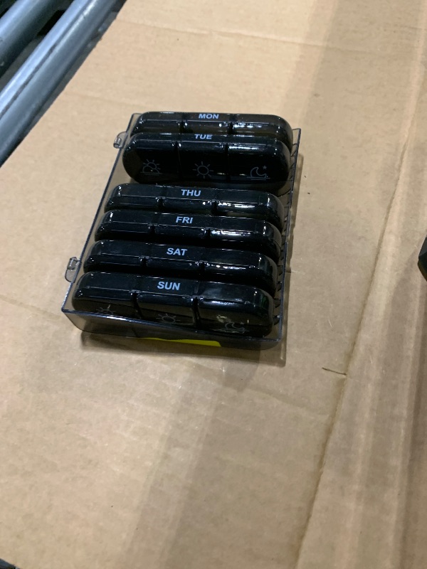 Photo 1 of *** missing lid and container WED**** PULIV Weekly Pill Organizer 3 Times a Day, Portable Travel Pill Box 7 Day with Large Pill Containers, Light-Proof Pill Case for Vitamins, Medication, Supplements and Fish Oils (Black)