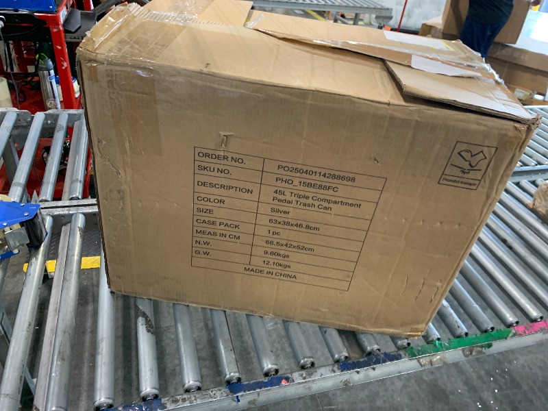 Photo 1 of *** PARTIAL SET ONLY BOX 1 OF 2 ***** *** SLIGHTLY DAMAGED LIDS *** NOLLAM Bote 3 in 1 Foot Pedal Waste Bin with Lid 45L Triple Dustbins Garbage Storage Bin w/3 Compartments Separate Waste Recycling Wheelie Bin Kitchen Office, Silver