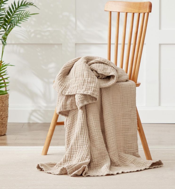 Photo 1 of  6 Layers Cotton Muslin Blankets Large, Lightweight Cotton Throw, Cooling Soft Throw Blanket for Year-Round Comfort, Breathable Quilt Bedspread, Gauze Weave Bedding for Adults, Oatmeal, Beige Linen sSIMILAR