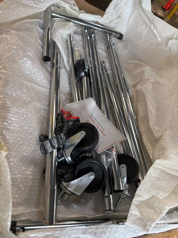 Photo 1 of **DAMAGED/PARTS ONLY**
100% Stainless Steel Heavy Duty Clothes Rack Load 860LBS, Adjustable Height Double Rods Clothing Racks for Hanging Clothes, Rolling Garment Rack With Sturdy Wheels Shelf, Portable Closet Wardrobe Rack
**USED**