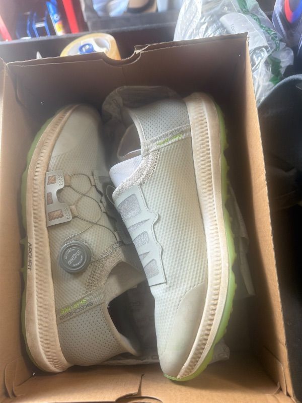 View 4 of *dirty* Skechers Men's Go Golf Elite 5 Arch Fit Waterproof Slip in Golf Shoe, Gray/Lime Spikeless, 8.5