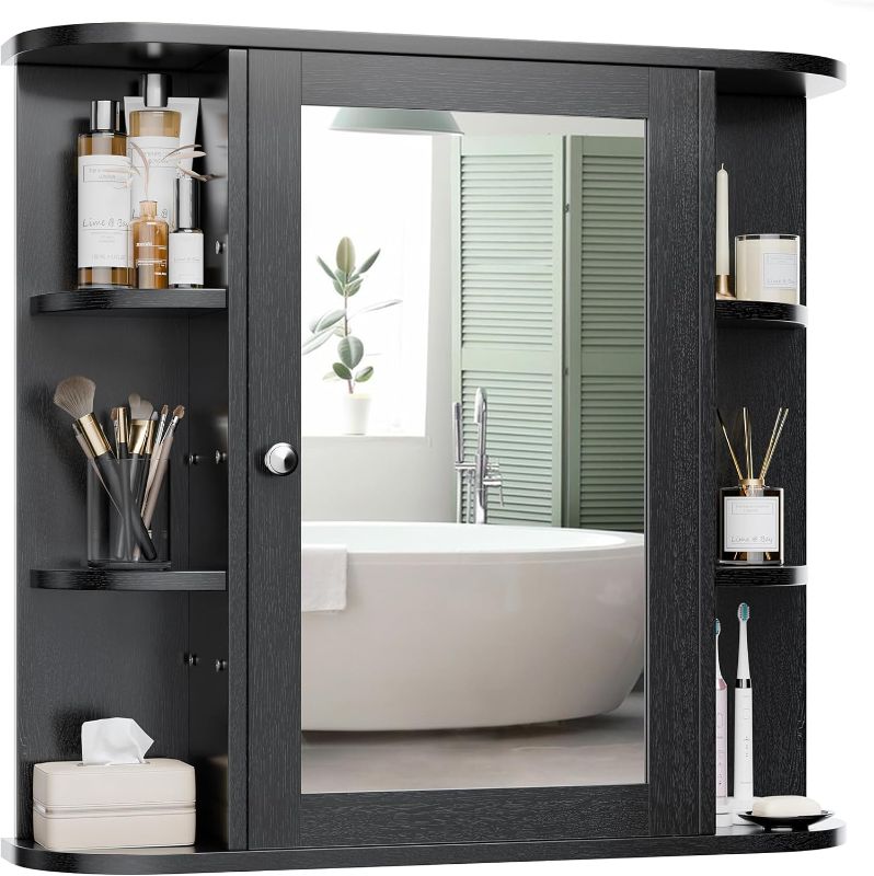 Photo 1 of **Missing Parts**
Bathroom Mirror Cabinet Wall Mounted, Bathroom Medicine Cabinet with Mirror and 6 Open Shelves, Modern Wall Cabinet, Black