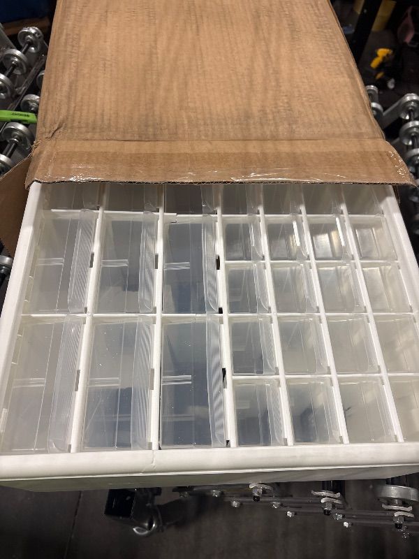 Photo 1 of **DAMAGED**
Akro-Mils 44-Drawer Plastic Drawer Storage Cabinet for Garage Organization, Bead Organizer, Building Bricks Storage, Teacher Toolbox, Makeup Organizer, 20" W x 6" D x 16" H, 10144 White