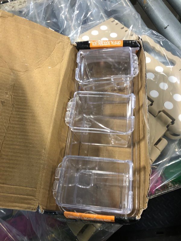 Photo 1 of ** only 3**PNDID Clear Seasoning Box, 4 Piece Seasoning Rack Spice Pots, Plastic Storage Container Condiment Jars with Lids and Spoon, Storage Container Spice Jar for Salt Sugar Tea Herbal Coffee Beans