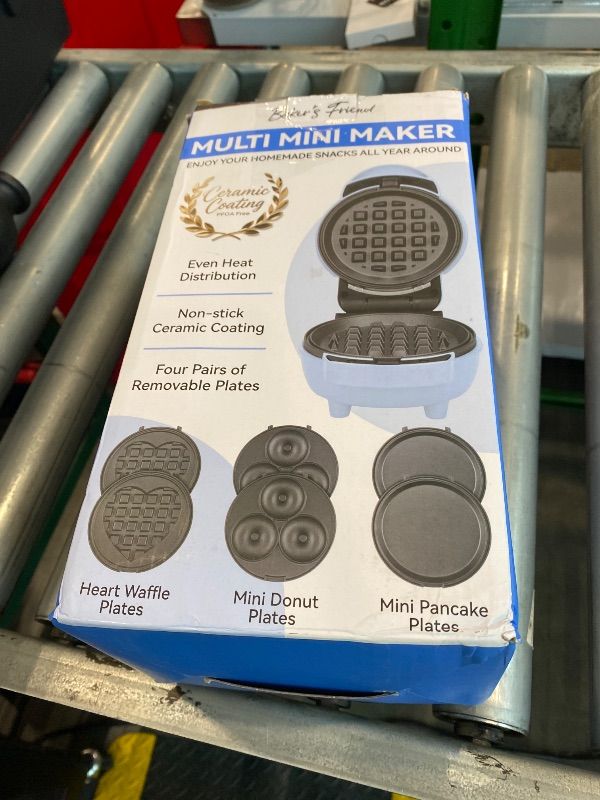 Photo 1 of *UNTESTED*
Baker's Friend 4 in 1 Mini Waffle Maker with Removable Plates, Set Includes Mini Pancake, Donut, Heart Shape Waffle Makers, Compact Size, Recipe Included, Blue