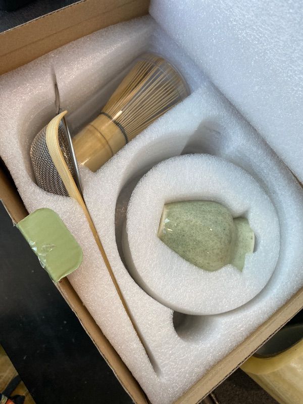 Photo 1 of ***MISSING BOWL*** Green Matcha Whisk Making Set - Japanese Tea Kit with Whisk Bowl and Bamboo Scoop Ceramic Chawan with Spout for Traditional Tea Ceremony Complete Matcha Making Tools Gift for Tea Lovers (Green, 5 PCS)