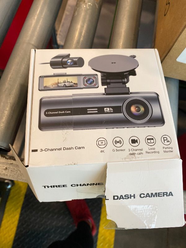 Photo 1 of **MAJOR DAMAGE**
3 Channel 4K Dash Cam with 5GHz WiFi & APP Control, 4K/2.5K+1080P+1080P Front Inside and Rear, Triple Dash Camera with 64GB Card, G-Sensor, 24 Hours Parking Mode, Loop Recording, Night Vision