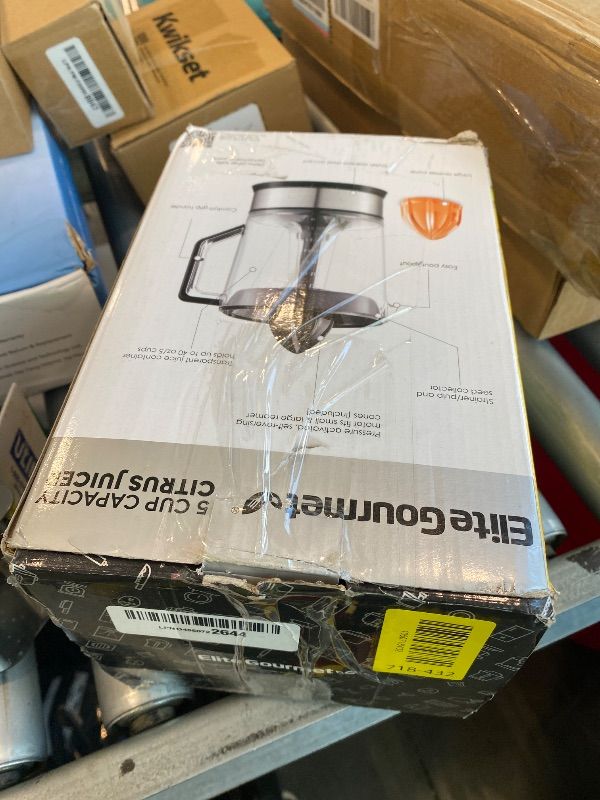 Photo 1 of *UNTESTED*
Elite Gourmet ETS047 BPA-Free 40-Watt Electric Citrus Juicer with 2 Cones, Compact, Large Volume, Pulp Control, Oranges, Lemons, Limes, Grapefruits with Easy Pour Spout, 1.2L, Black/Stainless Steel