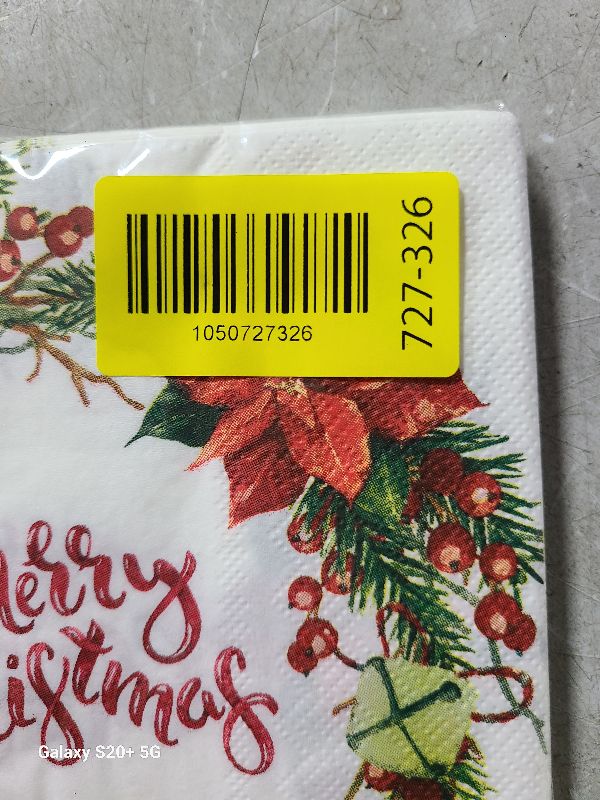 View 2 of 13x13" Christmas Napkins - 20-Pack Double Ply Tissue with Holly Berries & Poinsettias Motifs | 6.5in Folded Party Decor Unscented Dinner Paper